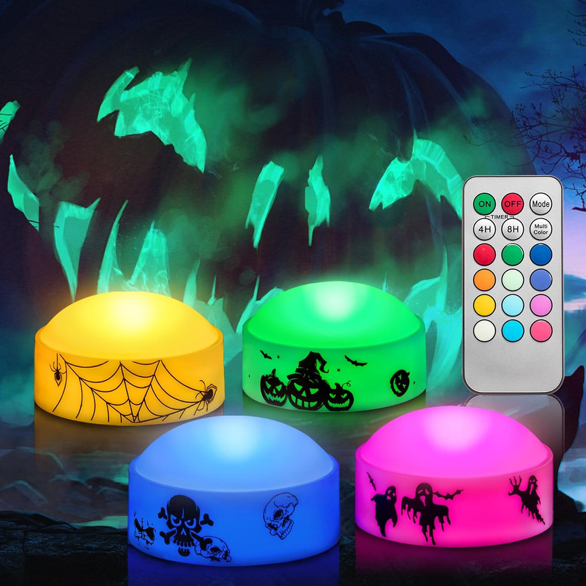 4 PCS Color Changing Halloween LED Pumpkin Candle Lights with Remote and Timer, Colored Battery Operated Jack-O-Lantern Light for Outdoor Halloween Flameless Pumpkin Home Decorations