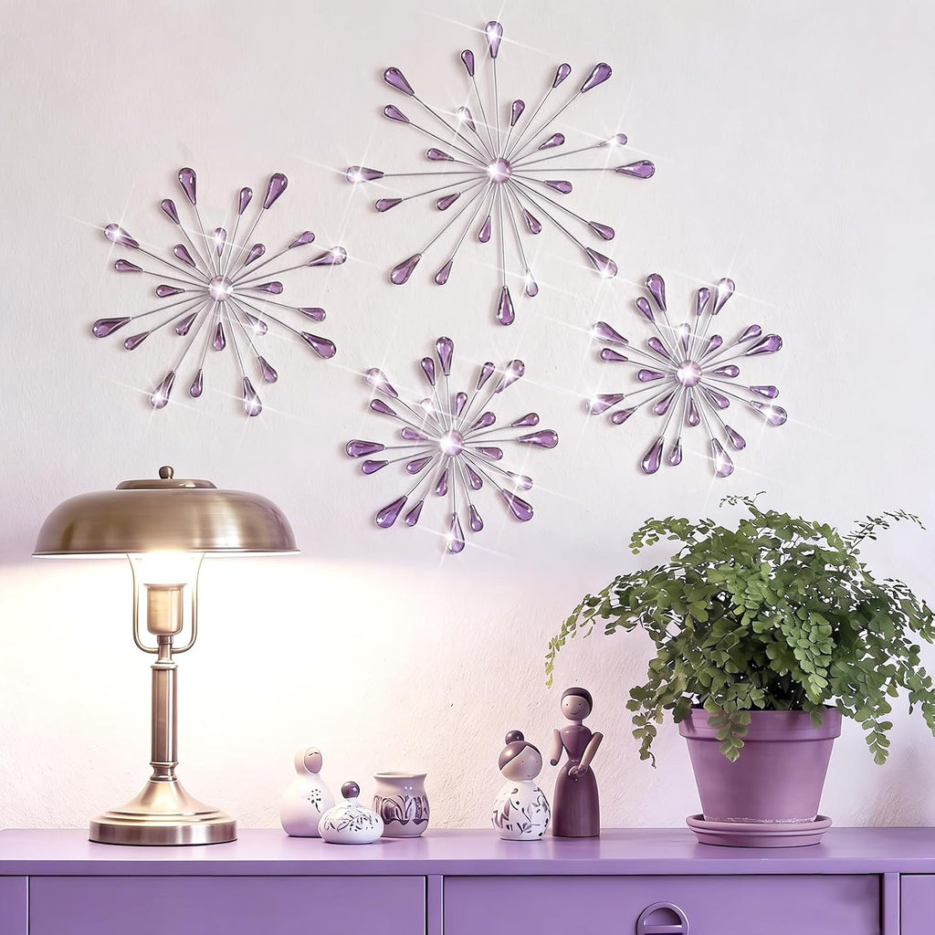 Hicarer 4 Pcs Starburst Wall Decor, Bling Metal Wall Art, Purple