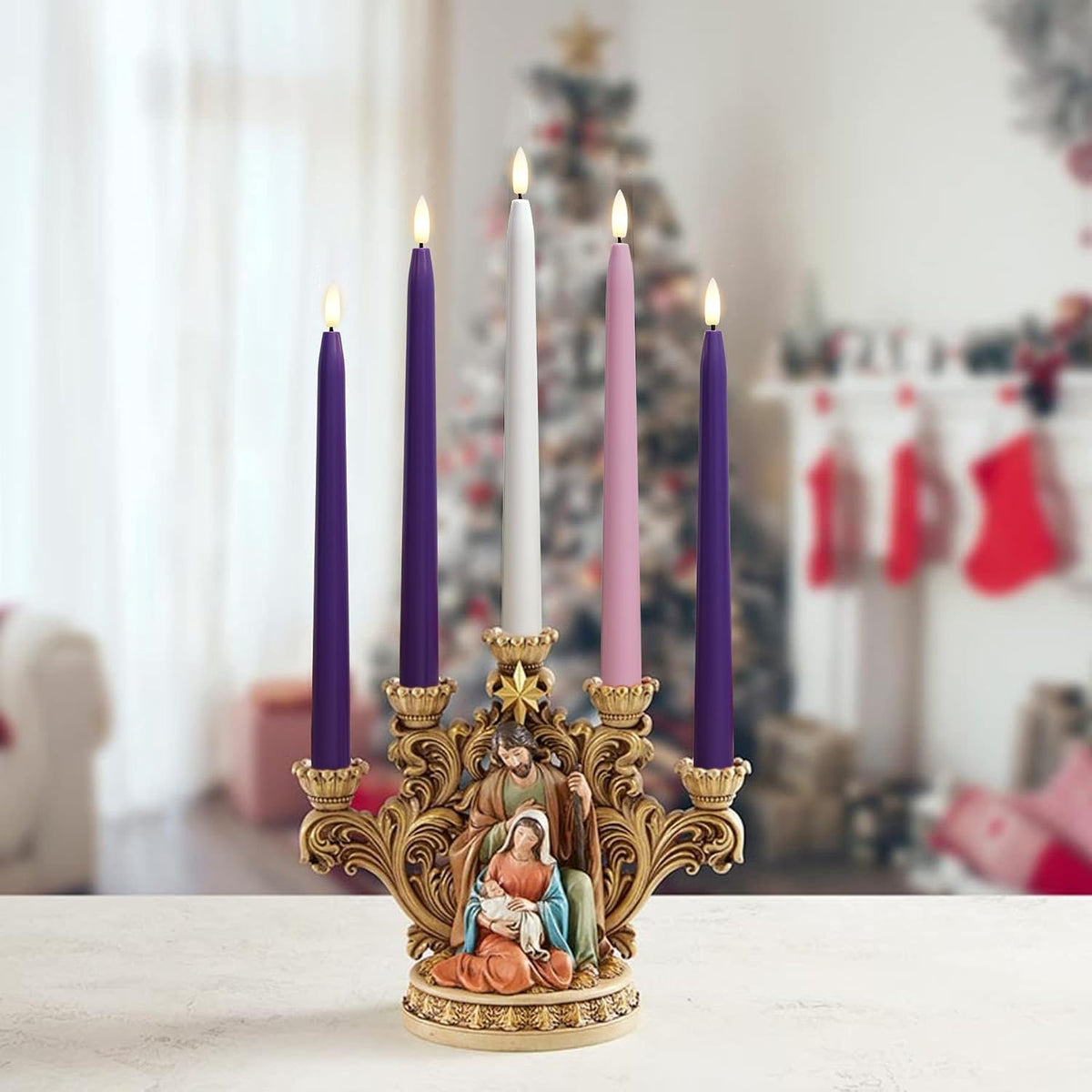 Stmarry Flameless Advent Candles, Set of 5 - Flickering LED Flame, 11 Inch Taper Candlesticks, Remote Controlled - 3 Purple, 1 Pink, 1 White for Christmas Wreath