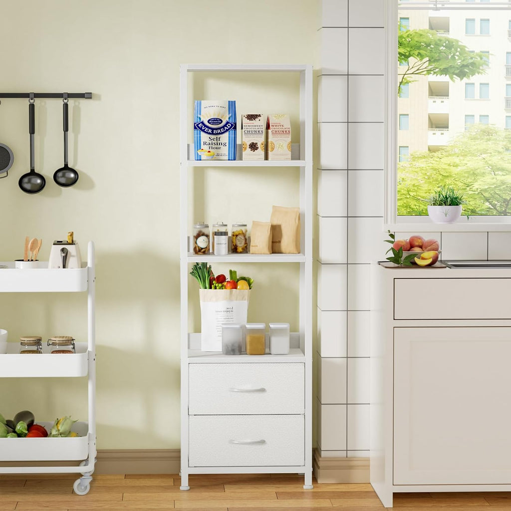 Furnulem 4-Tier Corner Shelf,White Narrow Bookshelf with 2 Storage Drawers