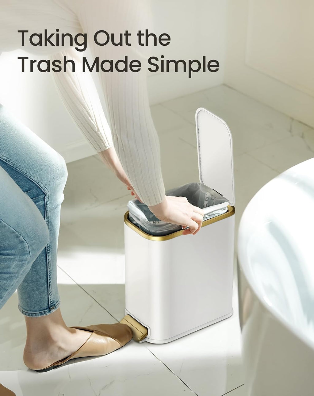 Cesun Small Bathroom Trash Can with Gold Grimmed Lid & Pedal, 1.3Gal, White