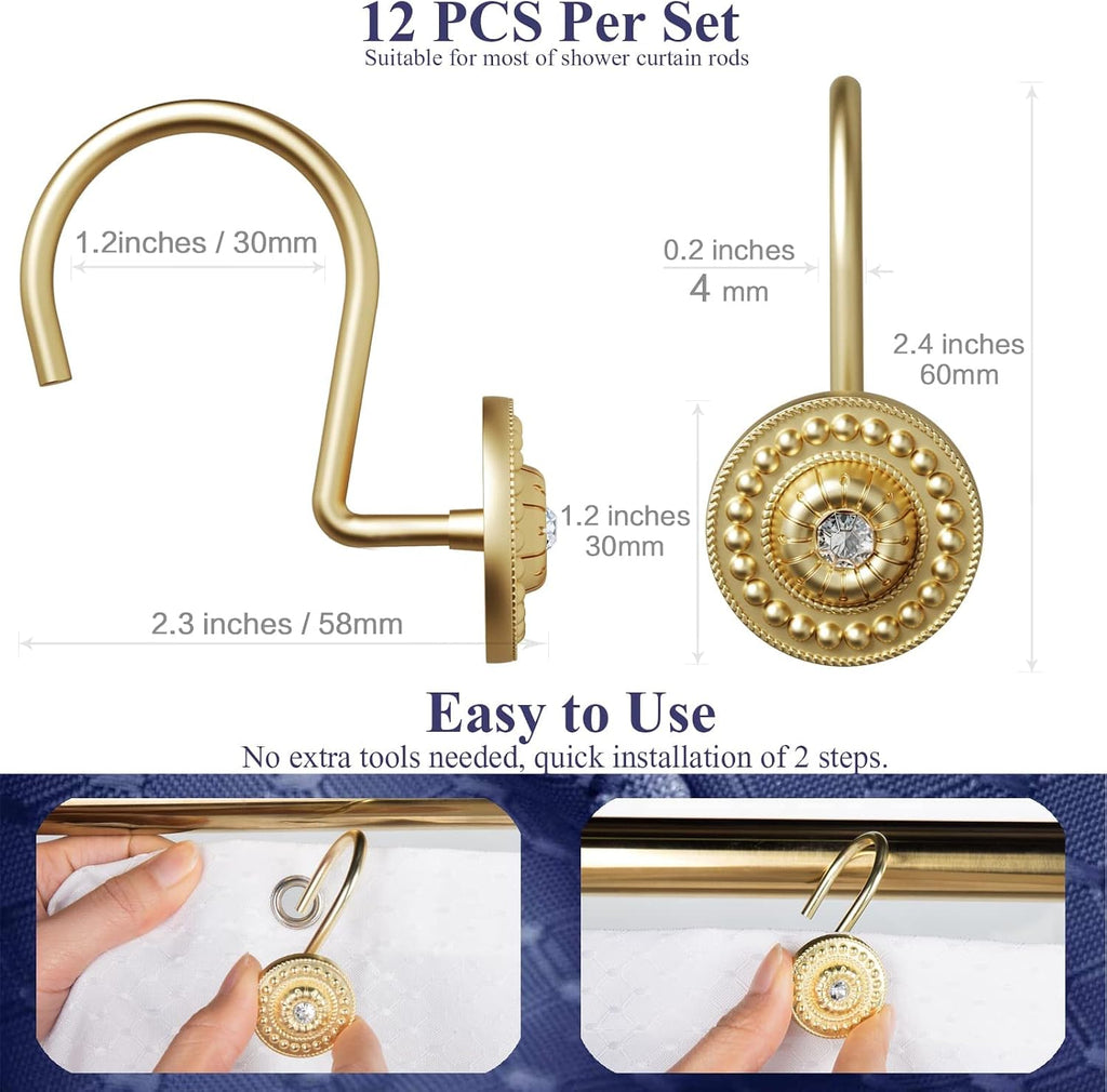 Gold Rhinestone Shower Curtain Hooks, 12 Pack Rustproof Metal Rings