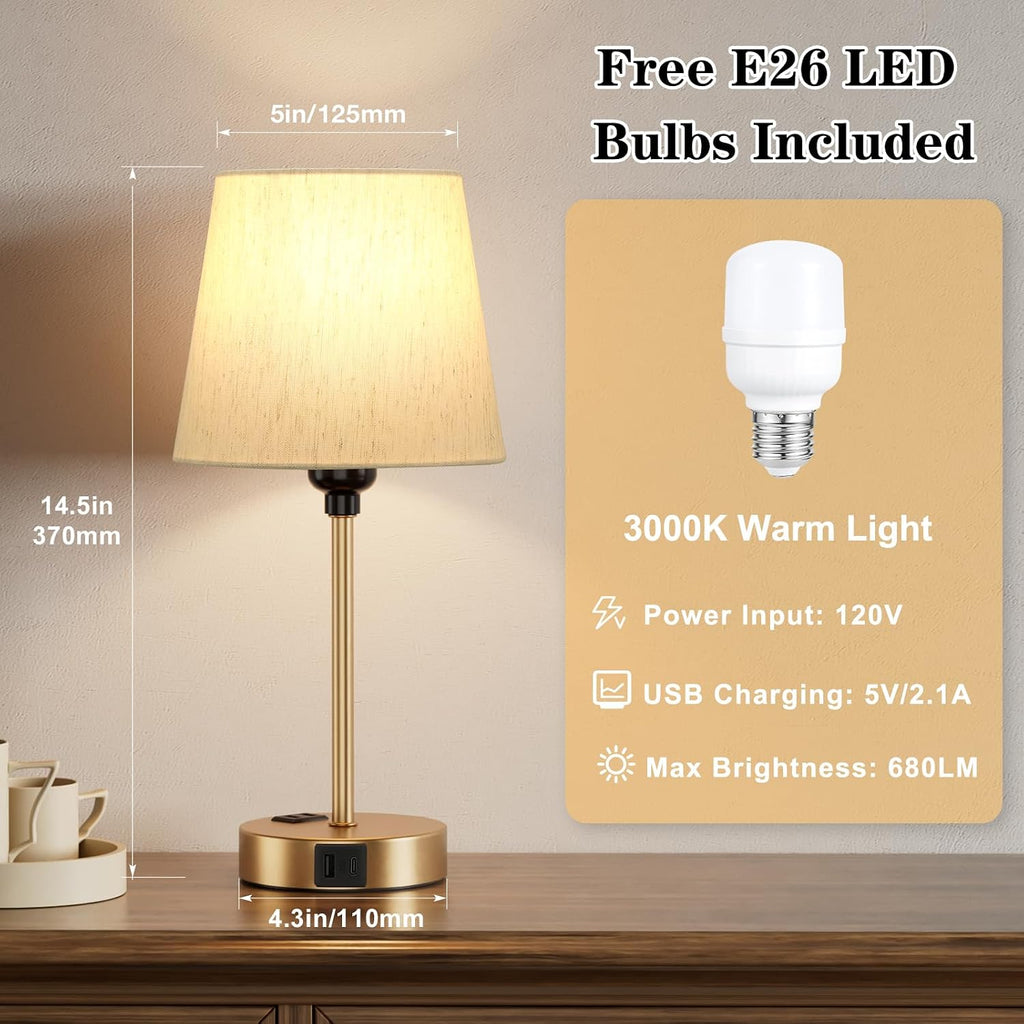 Gold Bedside Lamps Set 2 for Bedroom - Dimmable Touch, USB C+A, AC Outlet