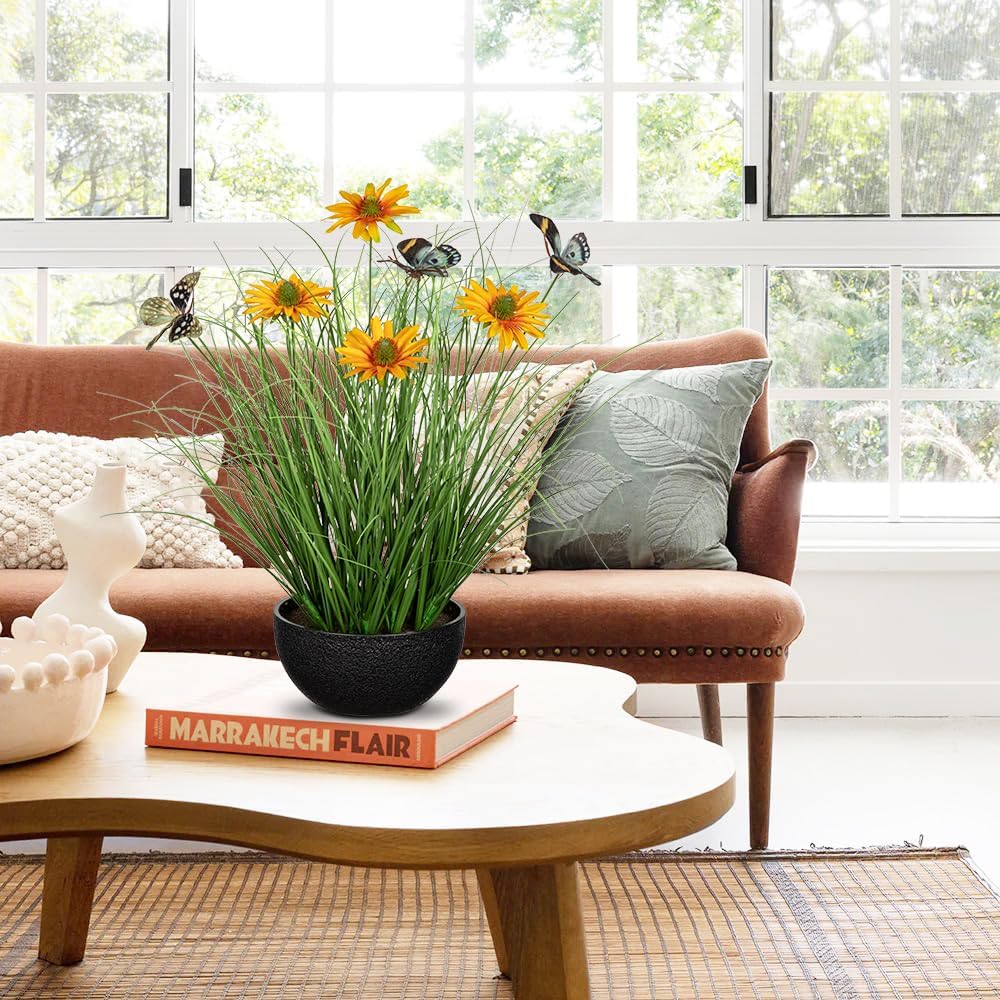 Artificial Plants Indoor with Pot, 17.3" Fake Potted Plants Artificial Onion Grass Plant with Yellow Daisies Flowers and Butterflies Small Faux Plant Indoor for Home Living Room Table Shelf Decor