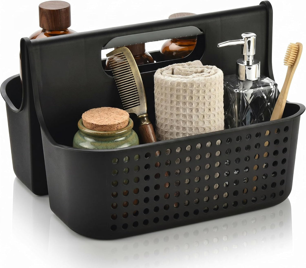 Haundry Portable Shower Caddy Basket, 2 Compartments Plastic Cleaning Caddy Organizer, Large Storage Tote with Handle for Bathroom, College, Dorm Room Essentials, Black