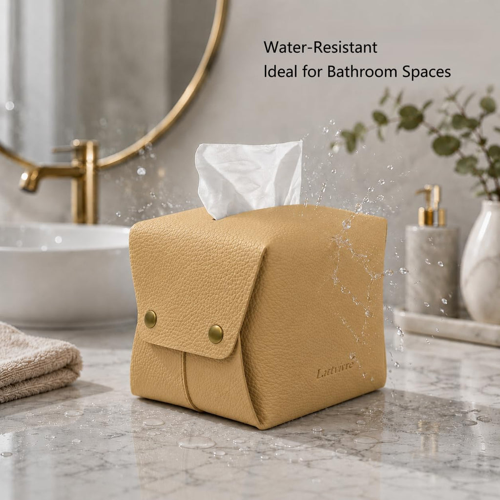 Grained Faux Leather Tissue Box Cover Square, Beige
