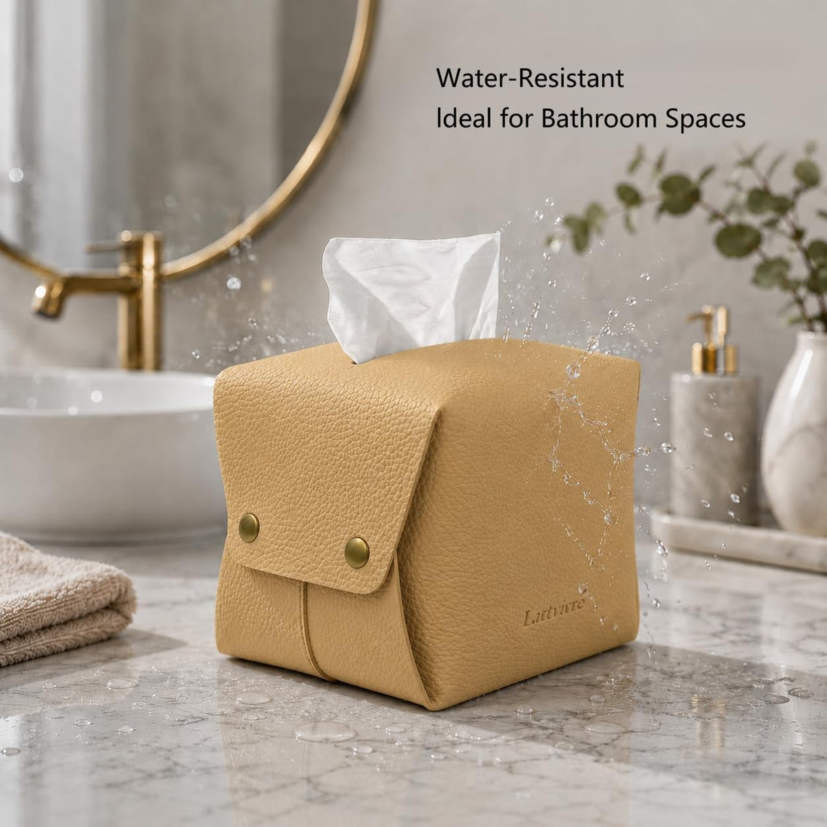 Grained Faux Leather Tissue Box Cover Square, Beige