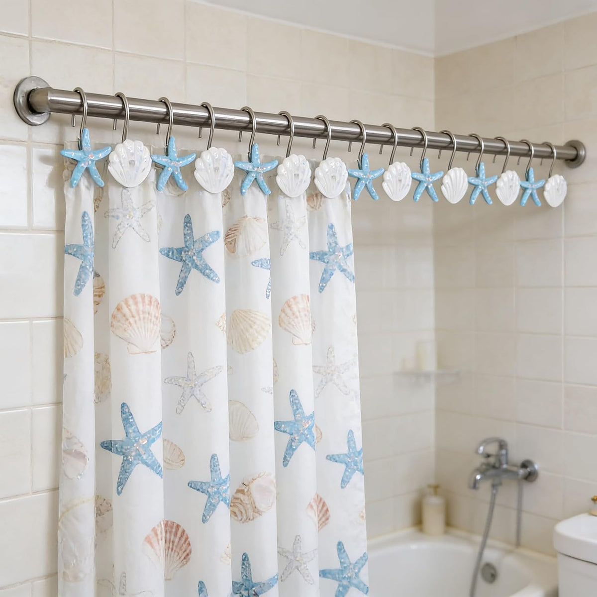 Twofishes Blue Seashell Shower Curtain Hooks S/12 Ocean White Starfish Style Shower Curtain Rings Pack of 12 White Shell Shower Rings Set of 12