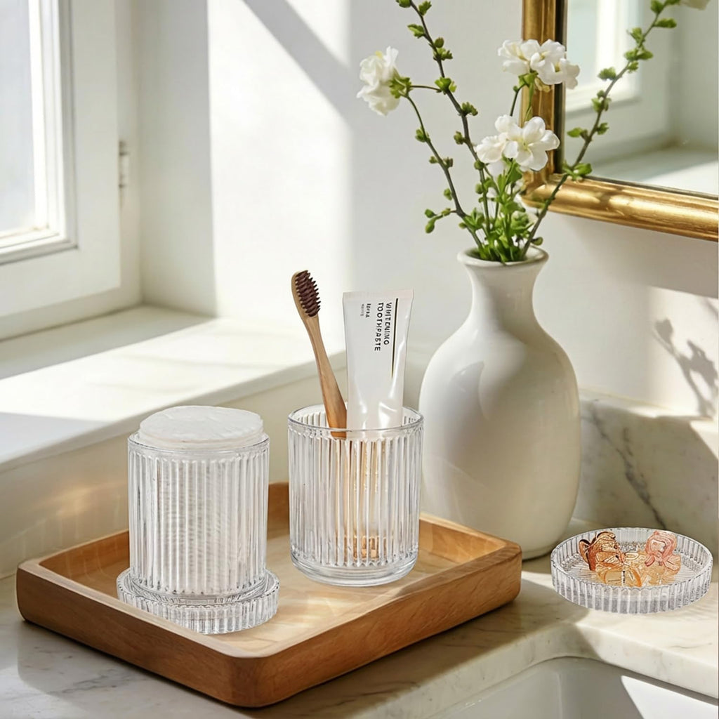 SheeChung 2 Pack Glass Qtip Holder Dispenser Set, Apothecary Jars with Lids