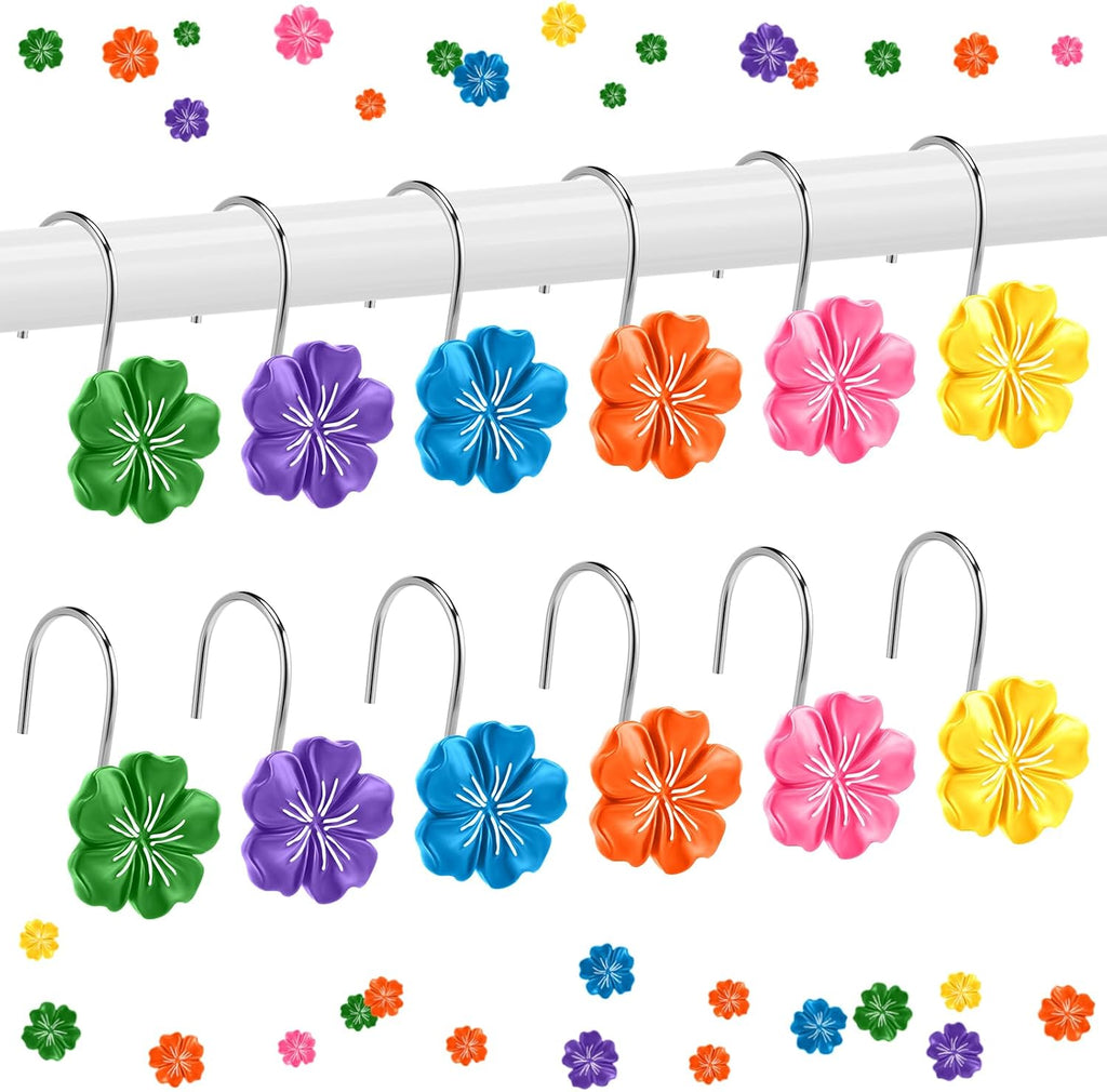 Yungyan 12 Pcs Summer Hawaiian Hibiscus Flower Shower Curtain Hooks Plumeria Flower Shower Hangers Luau Hawaii Curtain Hooks Tropical Decorative Ring for Summer Wedding Bedroom Bathroom Restroom Decor