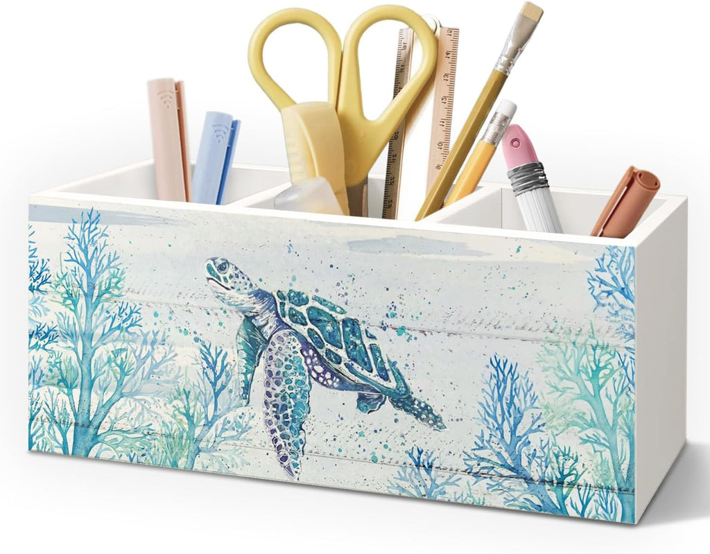 Sea Turtle Coastal Pen Holder for Home Office Desk, Beach Office Decor, Beach Turtle Makeup Brush Toothbrush Holder Organizer for Bathroom Desk Accessories