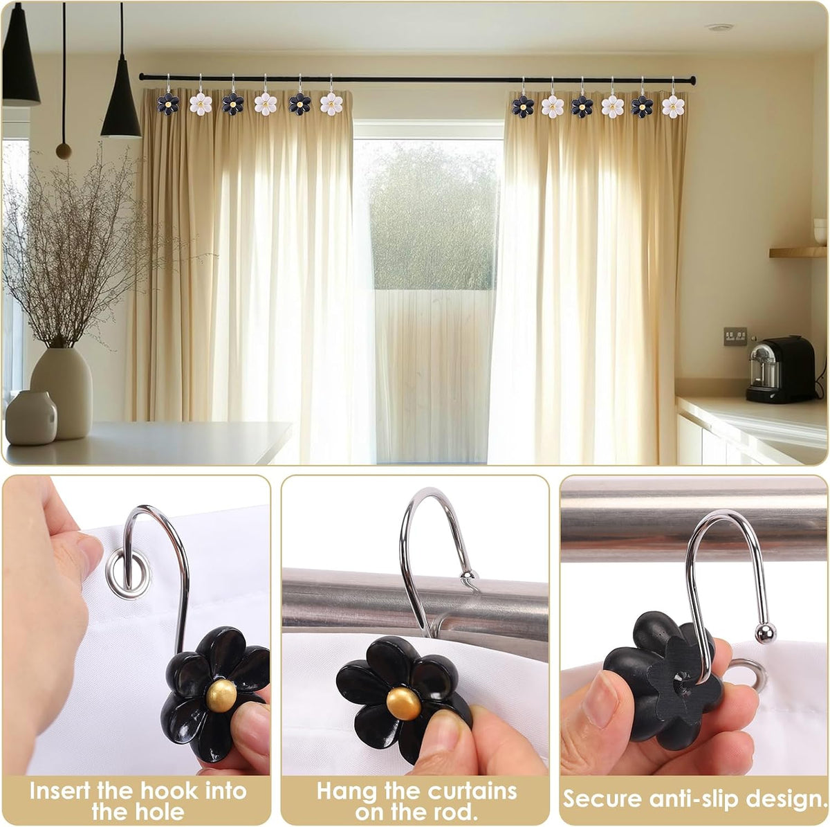 3D Floral Shower Curtain Hooks, 12 Pcs Rust Proof Resin Metal Hooks Shower Curtain Rod Rings, Ideal for Bathroom, Bedroom, Living Room Fun Home Decor (Black and White)