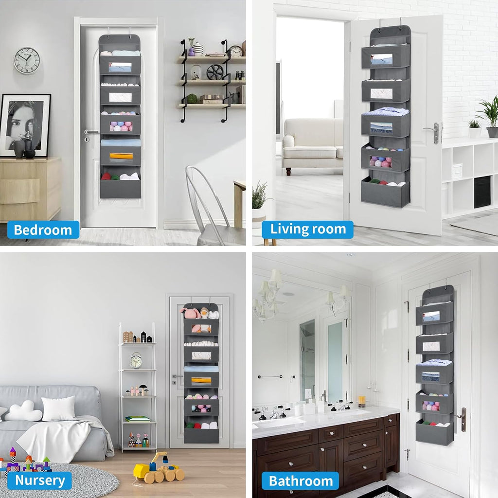 5-Shelf Over The Door Hanging Organizer with 2 Hooks for Room, Gray