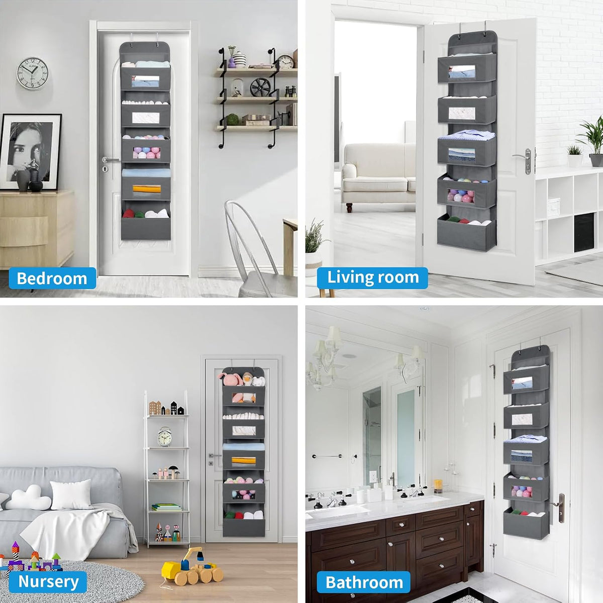 5-Shelf Over The Door Hanging Organizer with 2 Hooks for Room, Gray