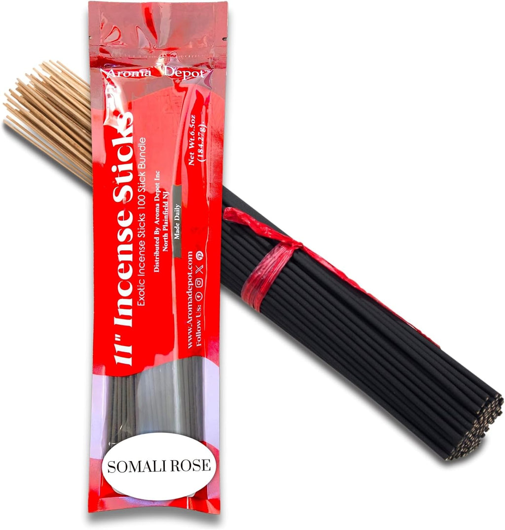 Somali Rose Type Most Exotic 11'' Incense Sticks. Approx. 85 to 100 Sticks Per Bundle, Each Natural Stick Burns for 45 mins to 1 Hour Each Long Lasting Guarantee 100% Pure