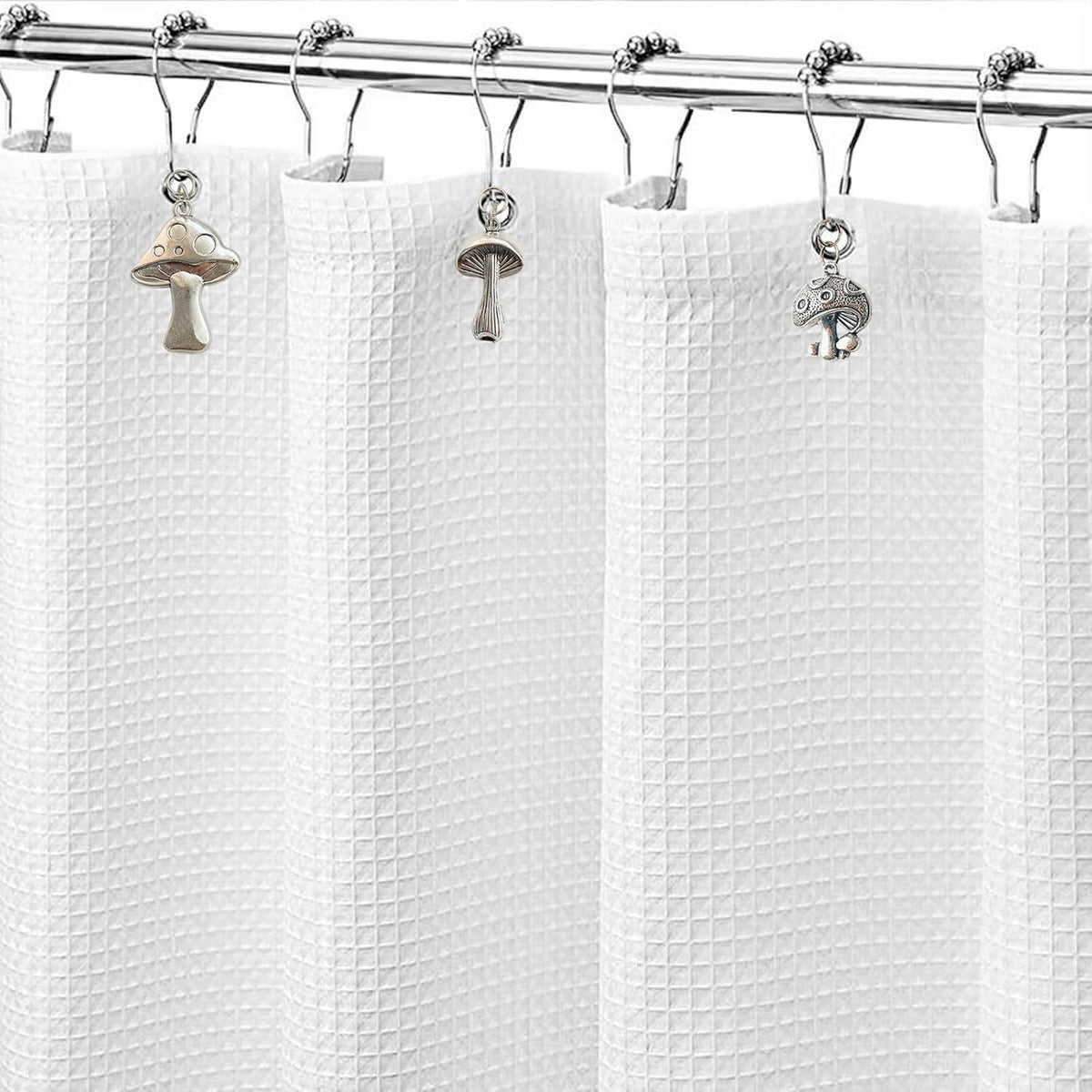 Mushroom Shower Curtain Hooks, 12Pcs Rustproof Metal Cute Retro Mushroom Shower Curtain Hooks Rings for Boho Fairy Forest Country Cottagecore Style Home Bathroom Decor (Silvery)