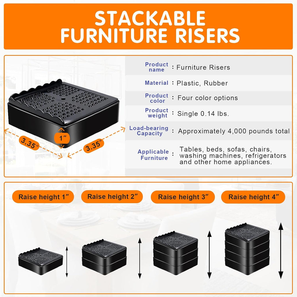 Furniture Risers, 8 Pack Bed Risers with Non-Slip Grip and Heavy Duty Support, 1 Inch 2 Inch 3 Inch 4 Inch Height Lift for Couch, Sofa, Table, Desk, Chair, Refrigerator - Black, 1+1+1+1 Inch