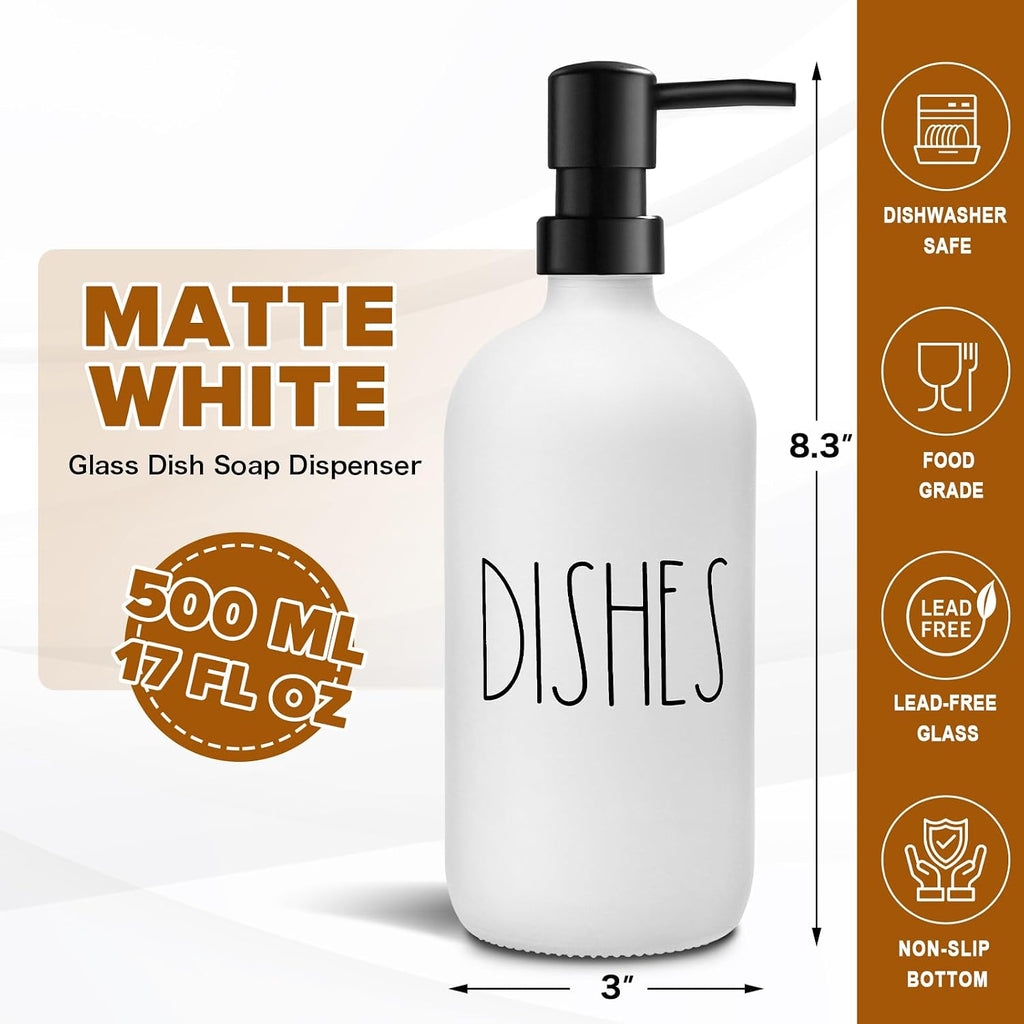 VIMERPA Dish Soap Dispenser, Matte White Soap Dispenser for Kitchen, Glass Dishes Soap Dispenser with Plastic Pump, 17 Fl Oz Refillable Liquid Soap Bottle Container, Farmhouse Kitchen Decor