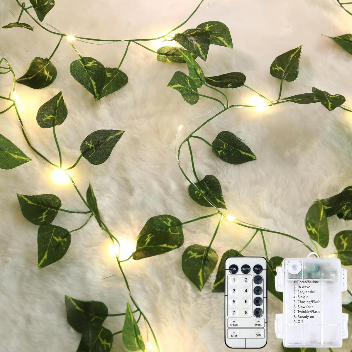 Extra Length 40ft 120 LED Vine with Fairy Lights Pothos String Lights USB Plugin & Battery Operated Leaf Lights with Timer 8 Modes Remote Decorative Light for Bedroom Graduation Party - Warm White