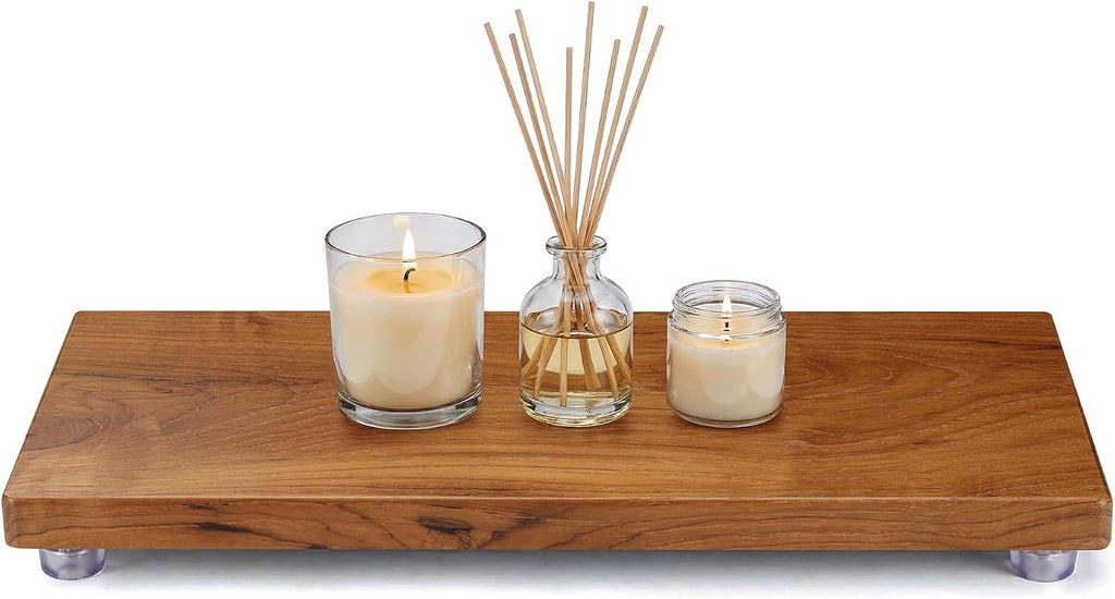 Solid Teak Wood Riser Tray, 12.6x6 inch Whole-Piece Teak Pedestal Stand, Vintage Rustic Bathroom Soap Dish Holder for Vanity Counter Sink, Candle Plant Essential Oil and Yacht Display, Brown L2