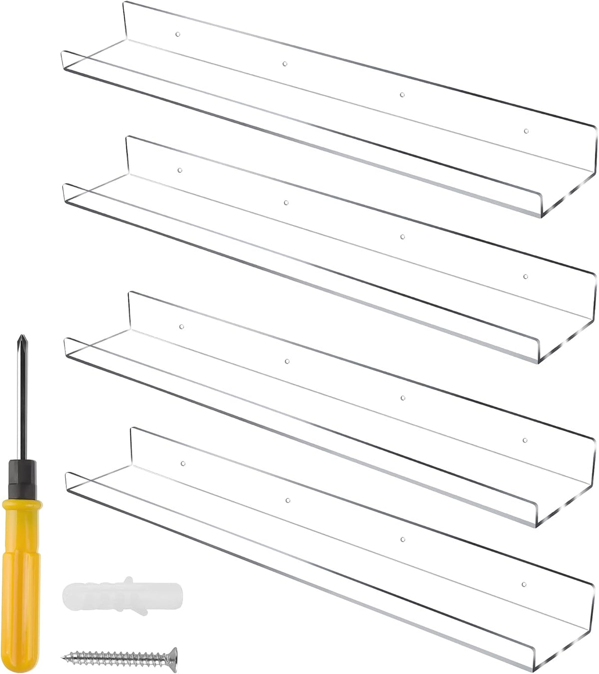 Jansburg 24 Inch Clear Floating Shelves 4 Pack Acrylic Shelves Invisible Floating Wall Ledge Bookshelf 5MM Thick Book Display Shelves Wall Mounted Bathroom Kitchen Organizer