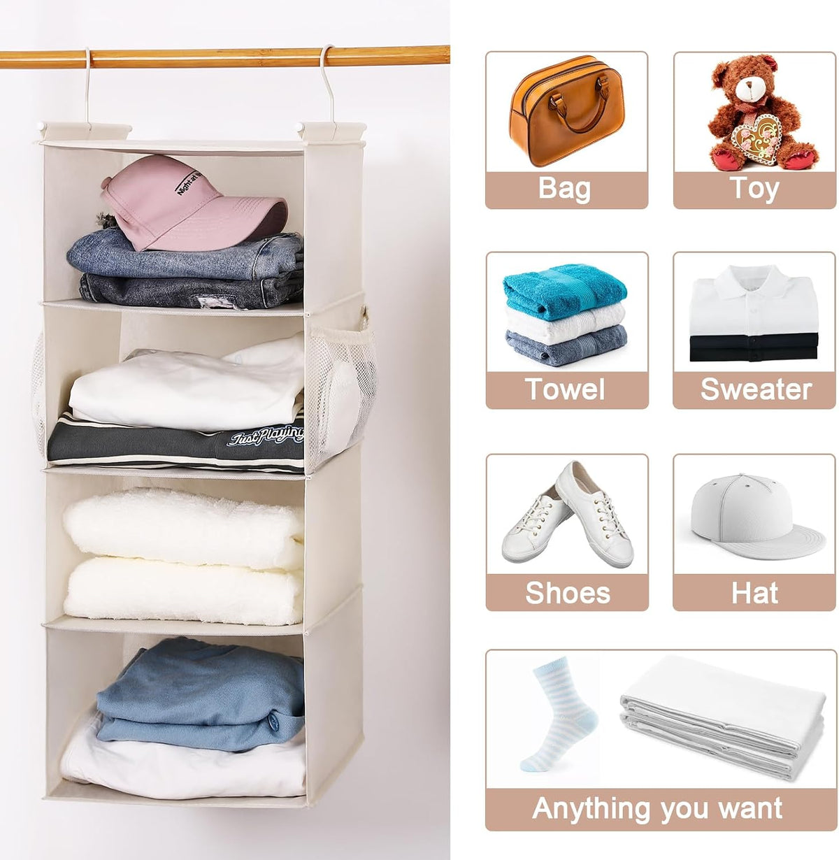 MAX Houser 4 Tier Shelf Hanging Closet Organizer, Space Saver,Closet Hanging Shelf with 2 Sturdy Hooks for Storage, Foldable (Beige)