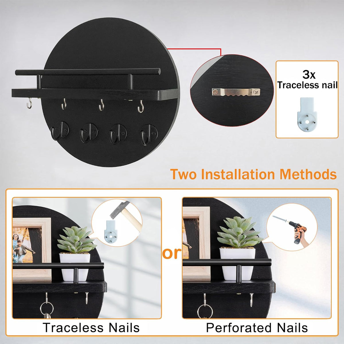 10.2" Key Holder Wall Mount with Shelf & Mail Organizer, 8 Hooks Black