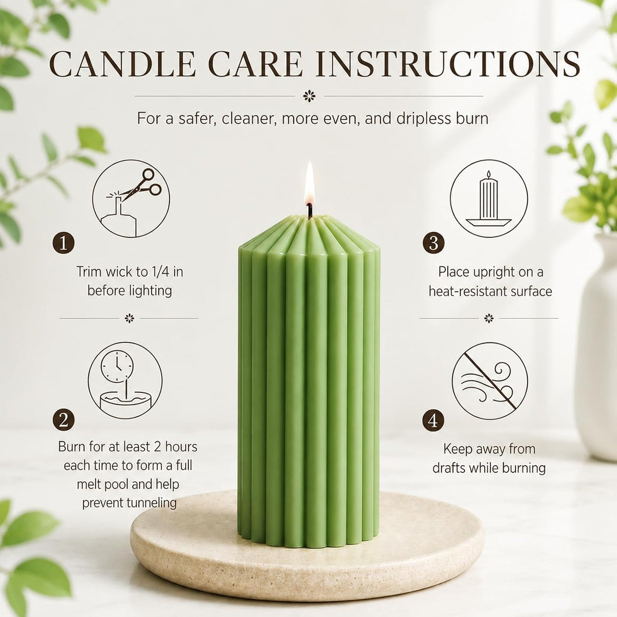 Ribbed Decorative Scented Pillar Candles, 3 Pack,2.8 x 4/6/8 Inch, Green