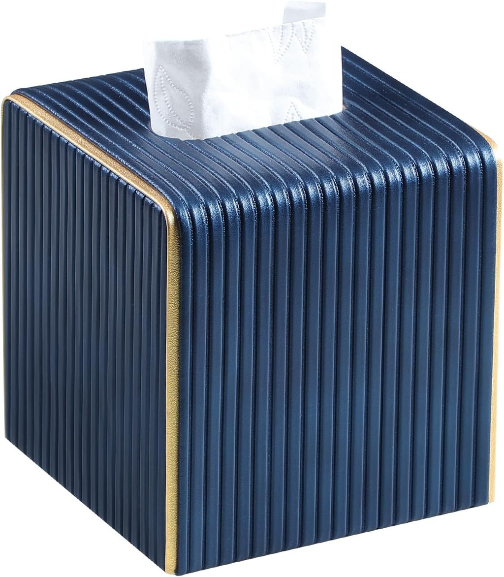 Square Tissue Box Cover, PU Leather Tissue Box Holder Navy Blue