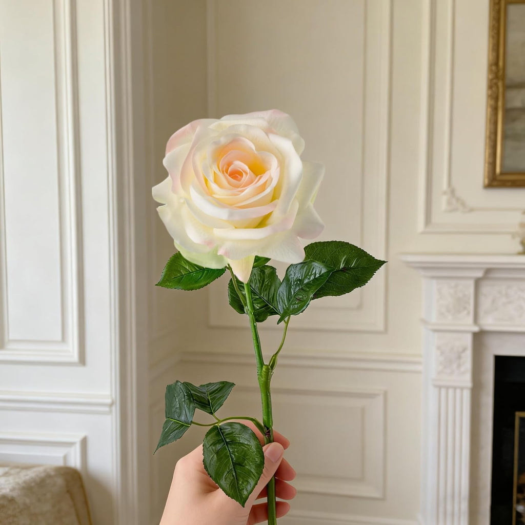 Real Touch Artificial Roses, 5Pcs Light Champagne Faux Silk Flowers