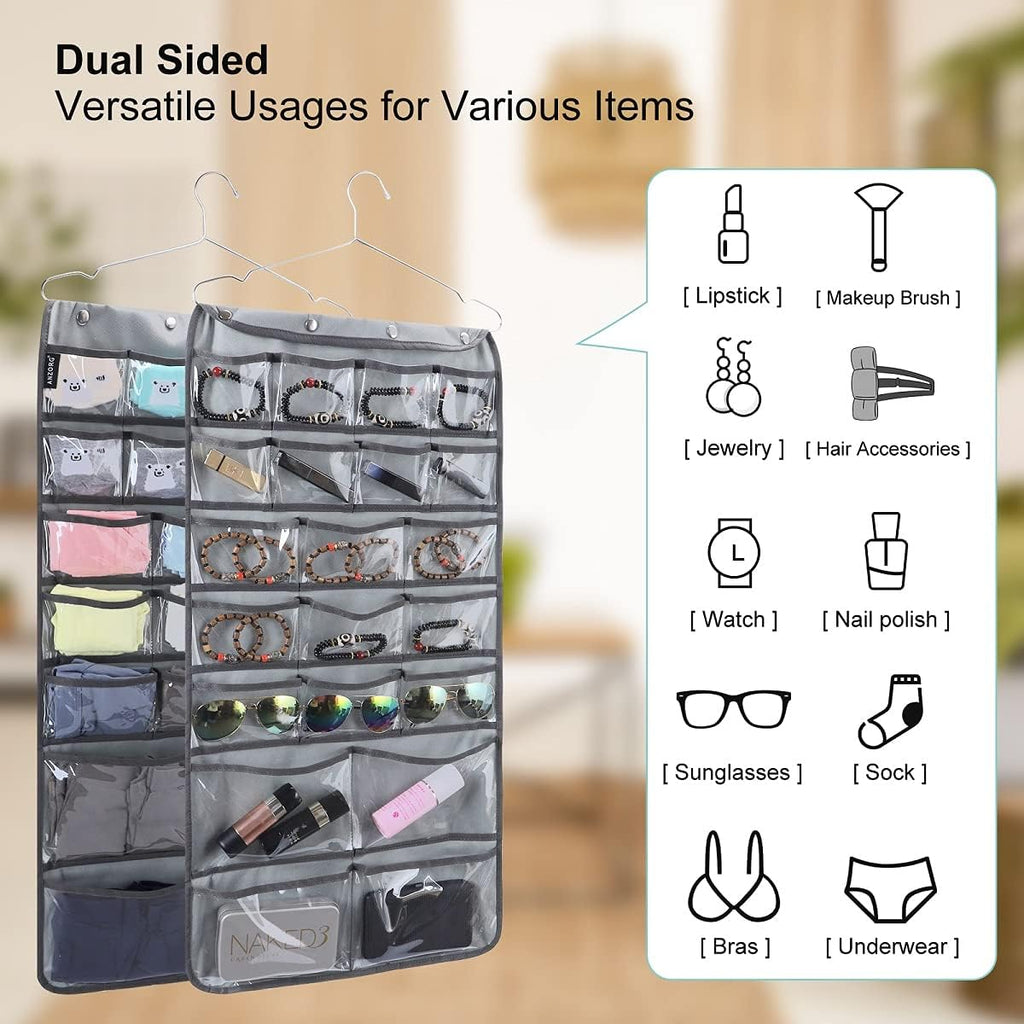 Dual Sided Hanging Organizer for Jewelry Makeup Storage Closet Organizers for Bows Socks Underwear with 42 Clear Pockets (GREY)