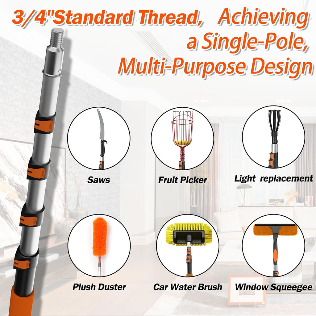 16FT Reach High Ceiling Duster Kits with 3-12FT Adjustable Pole - Includes Extra Long Duster, High Ceiling Duster, Rotatable Window Squeegee & Cobweb Duster for Ceiling Fans and Whole House Cleaning
