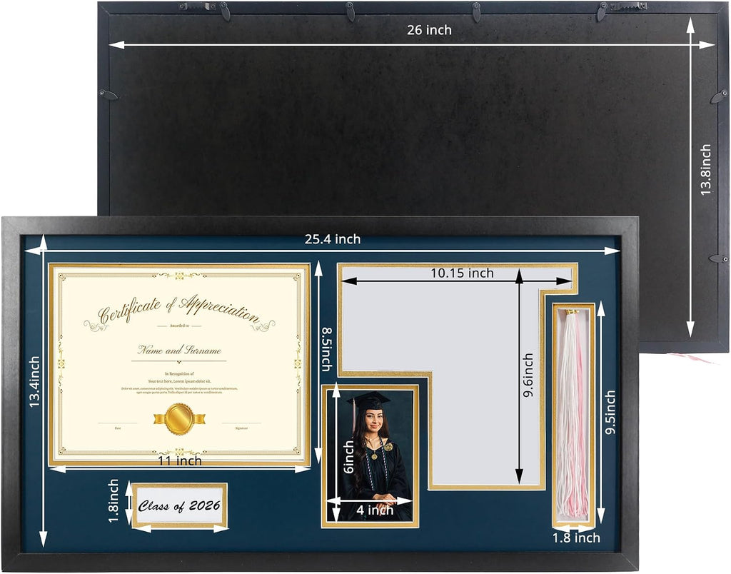 14x26 Black Shadow Box Diploma Frame with Graduation Cap & Tassel Holder for 8.5x11 Diploma and 4x6 Photo with MDF Wood and Plexiglass, Navy Over Gold Mat for Wall, Graduation Keepsakes