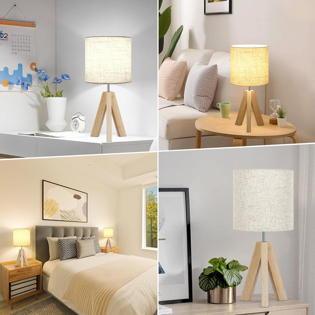 Small Table Lamp, Wooden Tripod Nightstand Lamp with Linen Fabric Shade, Cute Boho Modern Bedside Nightstand Lamp for Bedroom, Living Room, Nursery, Kids Room, Office, Dorm, Bulb Not Included