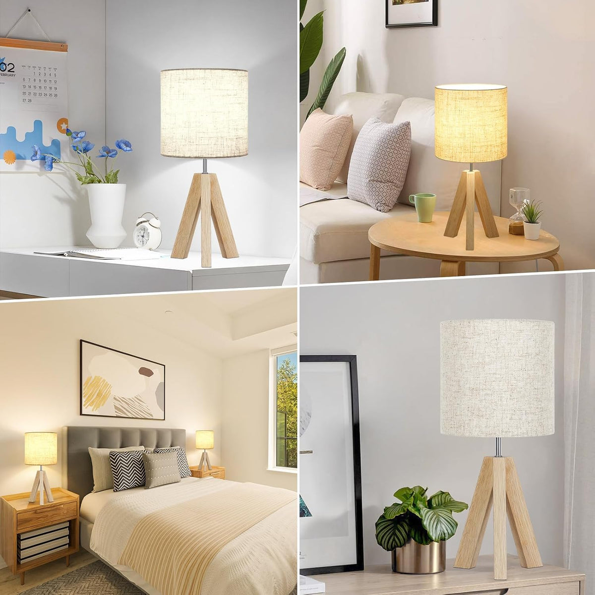 Small Table Lamp, Wooden Tripod Nightstand Lamp with Linen Fabric Shade, Cute Boho Modern Bedside Nightstand Lamp for Bedroom, Living Room, Nursery, Kids Room, Office, Dorm, Bulb Not Included