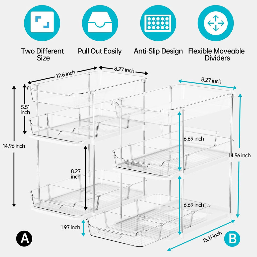 Delamu 2 Sets of 3-Tier Bathroom Under Sink Organizers and Storage, Multi-Purpose Stackable Pantry Organization and Storage, Pull Out Clear Kitchen Bathroom Cabinet Organizer with Movable Dividers