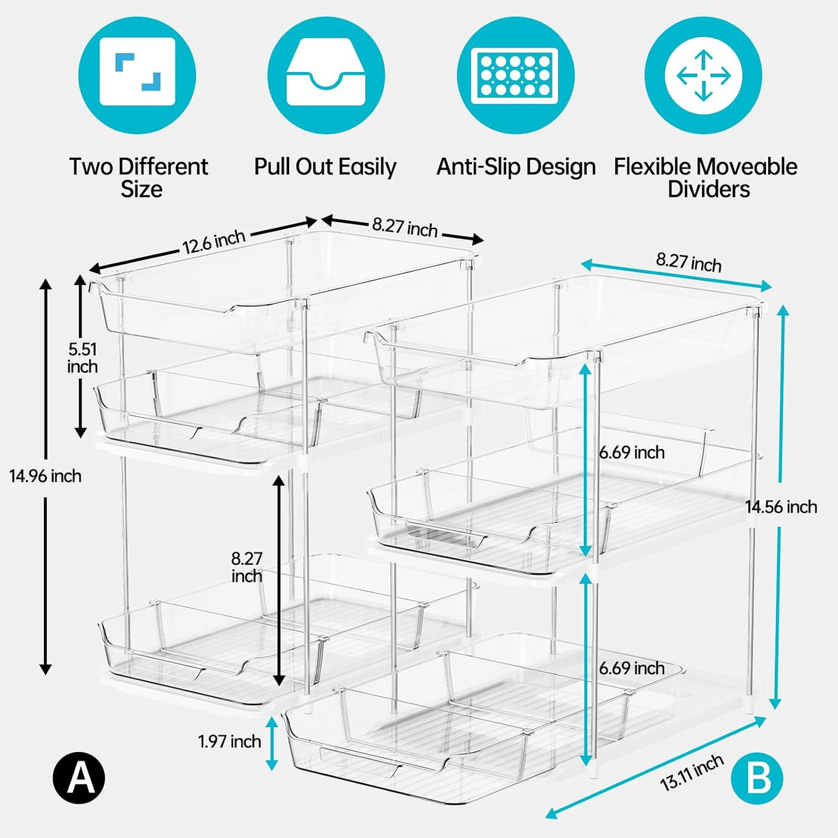 Delamu 2 Sets of 3-Tier Bathroom Under Sink Organizers and Storage, Multi-Purpose Stackable Pantry Organization and Storage, Pull Out Clear Kitchen Bathroom Cabinet Organizer with Movable Dividers