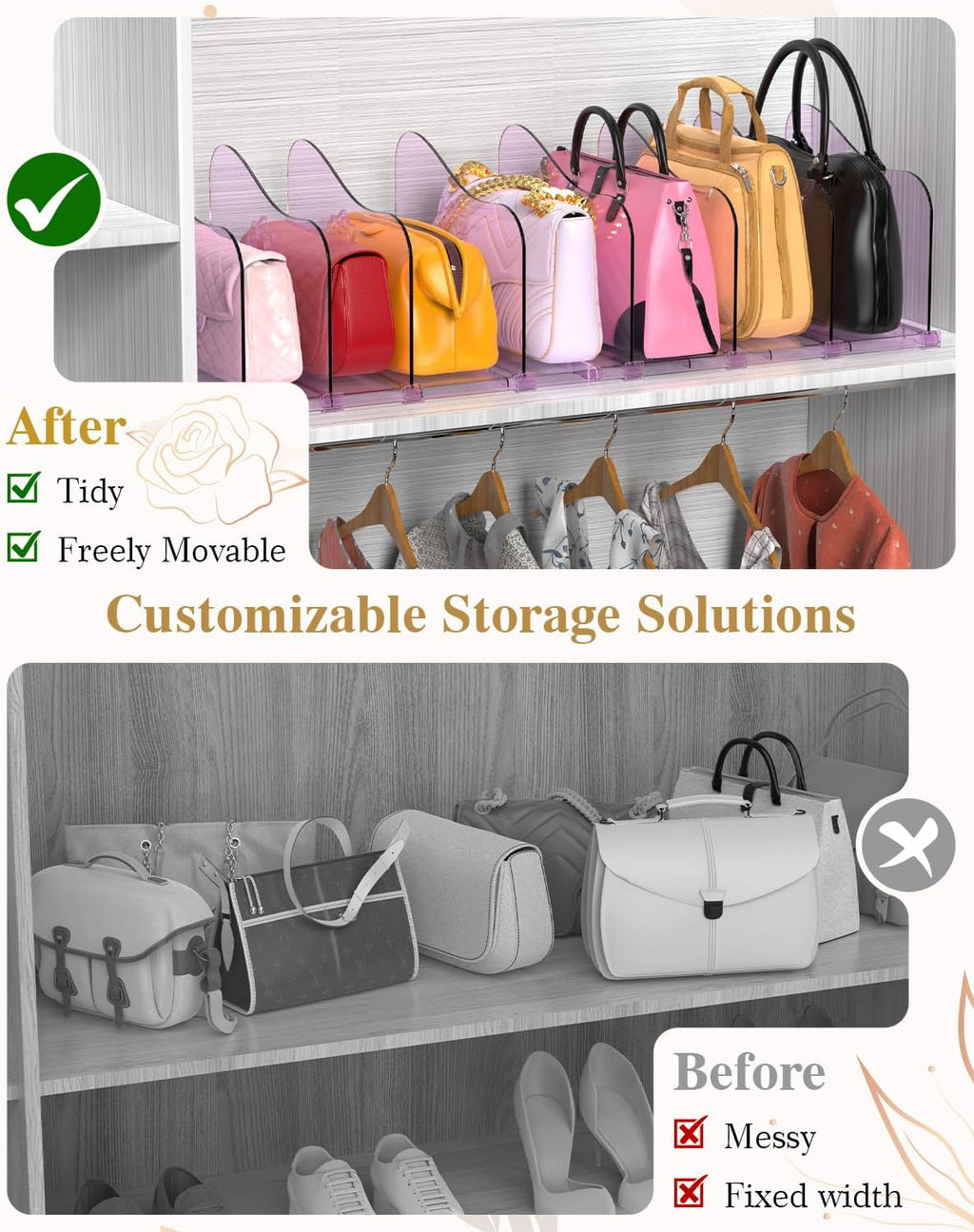 SURETIVIAN Rose Purse Dividers for Closet, 2 Pack Clear Clutch Purse Closet Organizers, Adjustable Handbag Storage Organizers, Plastic Bookshelf Separator Dividers for Bedroom Office