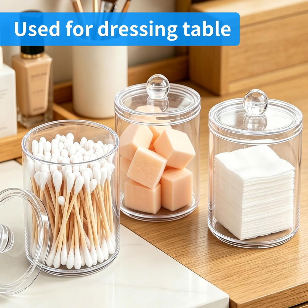 3 Pack Acrylic Qtip Holder Dispenser, Vanity Accessories, Qtip Holder for Cotton Ball, Swab and Floss, Small Clear Bathroom Storage Jars for Makeup Counter