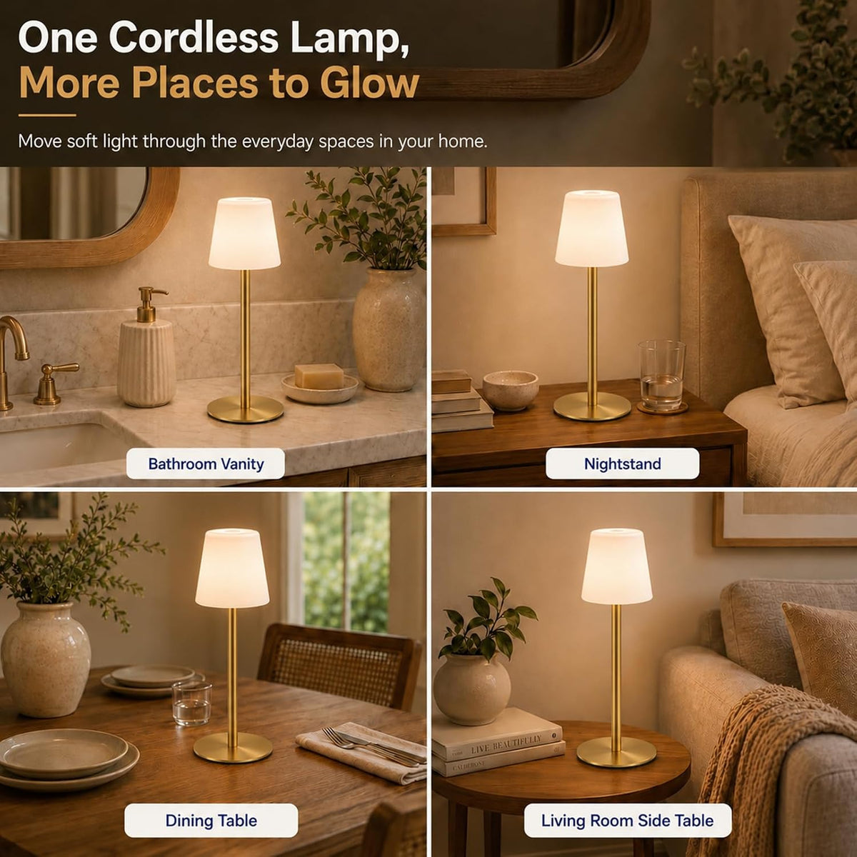 IP65 Waterproof Shower Lamp, Cordless Rechargeable Table Lamp, Gold