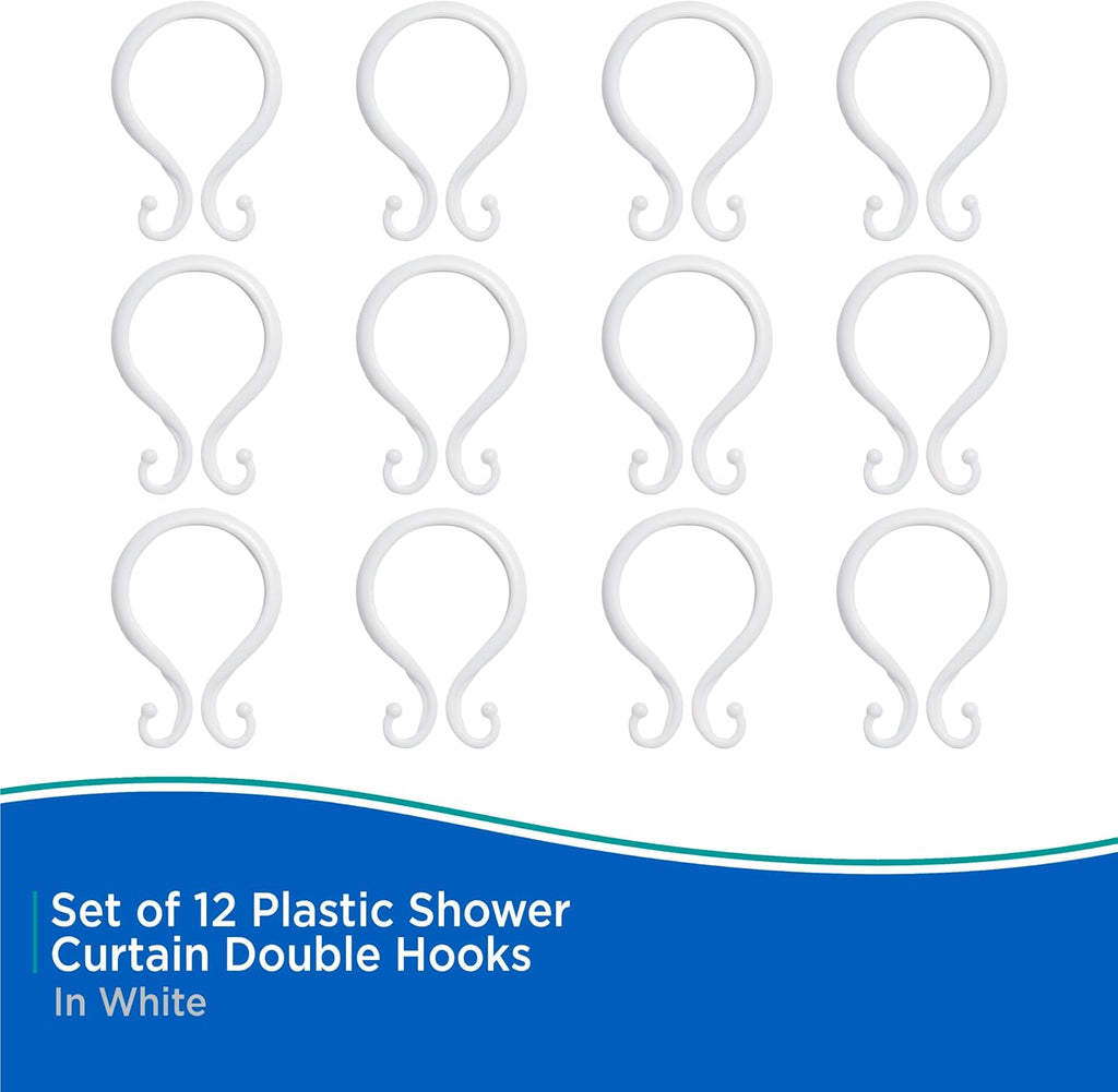 Kenney - Shower Curtain Rings, Rust-Proof Plastic Double Hooks with Smooth Glide Design, Fits Standard Shower Curtain Rods, Easy Installation, White, 12 Pack