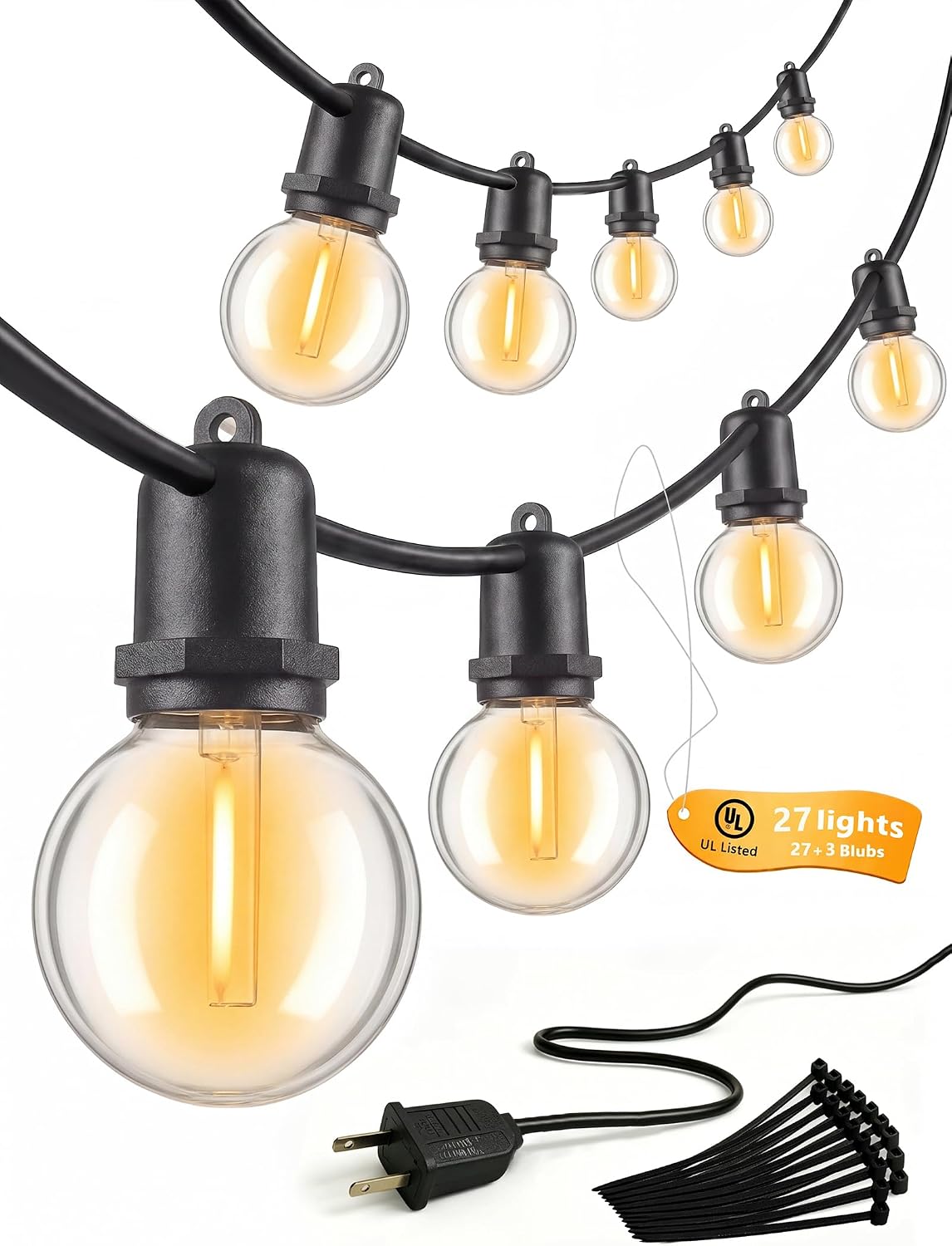 G40 LED Outdoor String Lights, 50FT, 27 Globe Bulbs, Black Wire