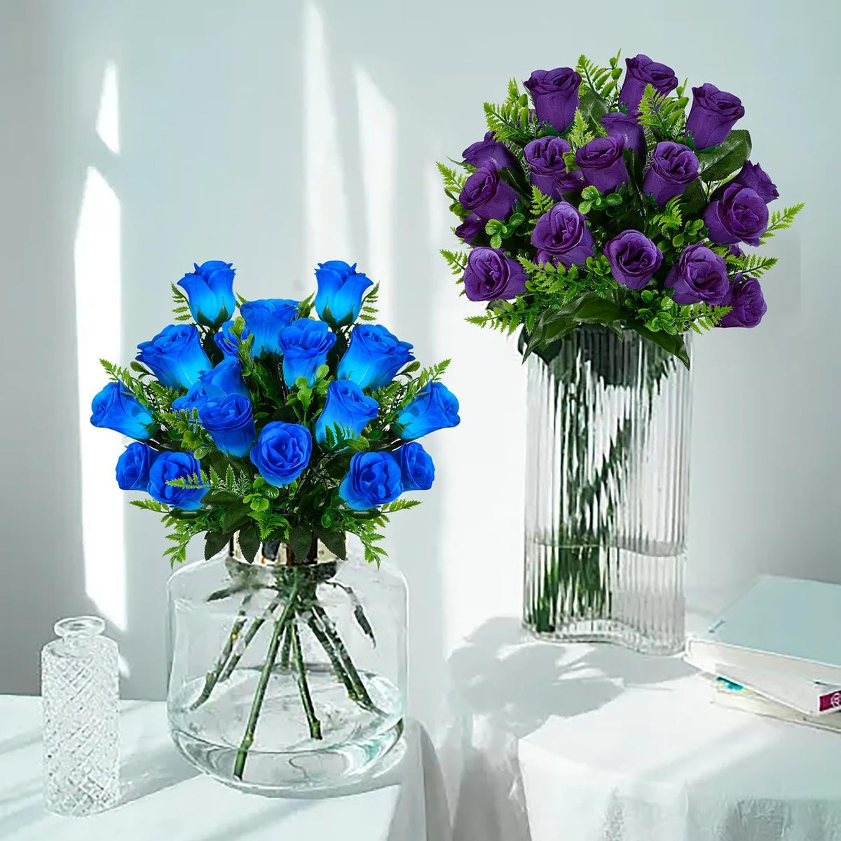 Artificial Rose Flowers Bouquet Realistic Silk Rose Fake Flowers for Wedding Home Centerpieces Party Cemetery Grave Decoration (4 Bouquets, Blue)
