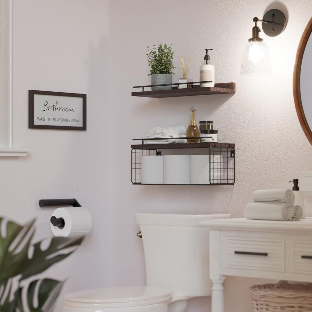 WOPITUES Floating Shelves for Bathroom Decor Art, Rustic Brown