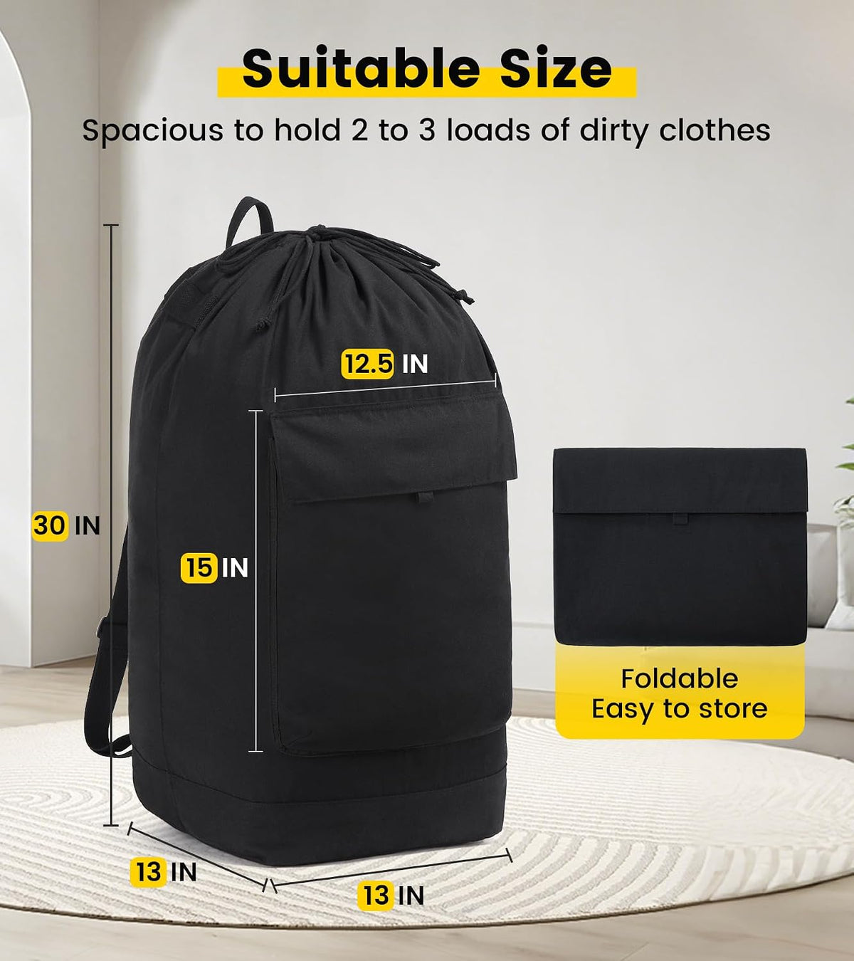 Vorspack Canvas Laundry Backpack with Shoulder Straps, Extra Large, Black
