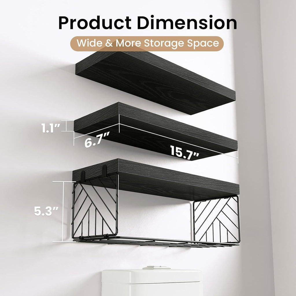 BAYKA Black Floating Bathroom Shelves, 15.7in, 3Pk, Wall Mount Wood Shelf