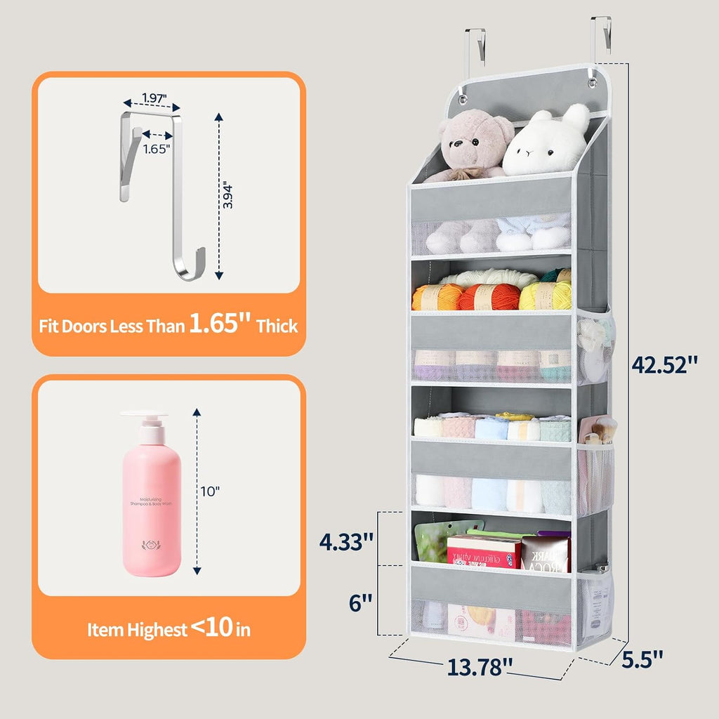 Yecaye Over The Door Organizer, Heavy Duty Hanging Organizers and Storage with 4 Large Capacity Pockets, Swing-Proof Behind The Door Storage for Bathroom Nursery Bedroom Dorm Closet, Grey,1Pc
