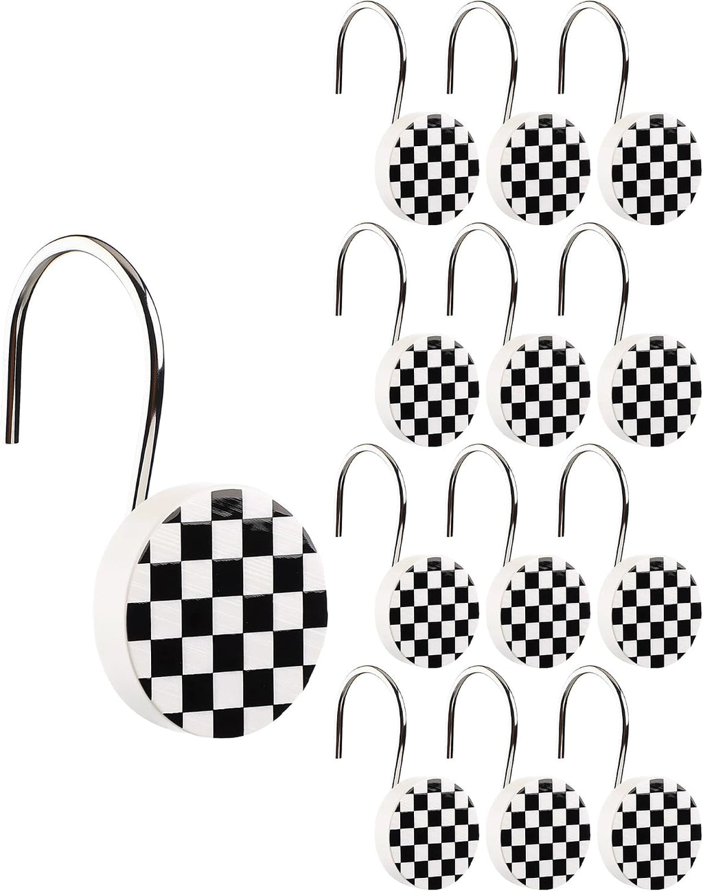 Yalikop Rustic Checkered Shower Curtain Hooks Set of 12 Retro Black and White Round Shower Curtain Rings Modern Decorative Hanger Rings with Metal Hooks for Bathroom Rod and Liner