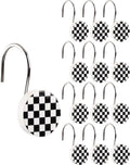 Yalikop Rustic Checkered Shower Curtain Hooks Set of 12 Retro Black and White Round Shower Curtain Rings Modern Decorative Hanger Rings with Metal Hooks for Bathroom Rod and Liner