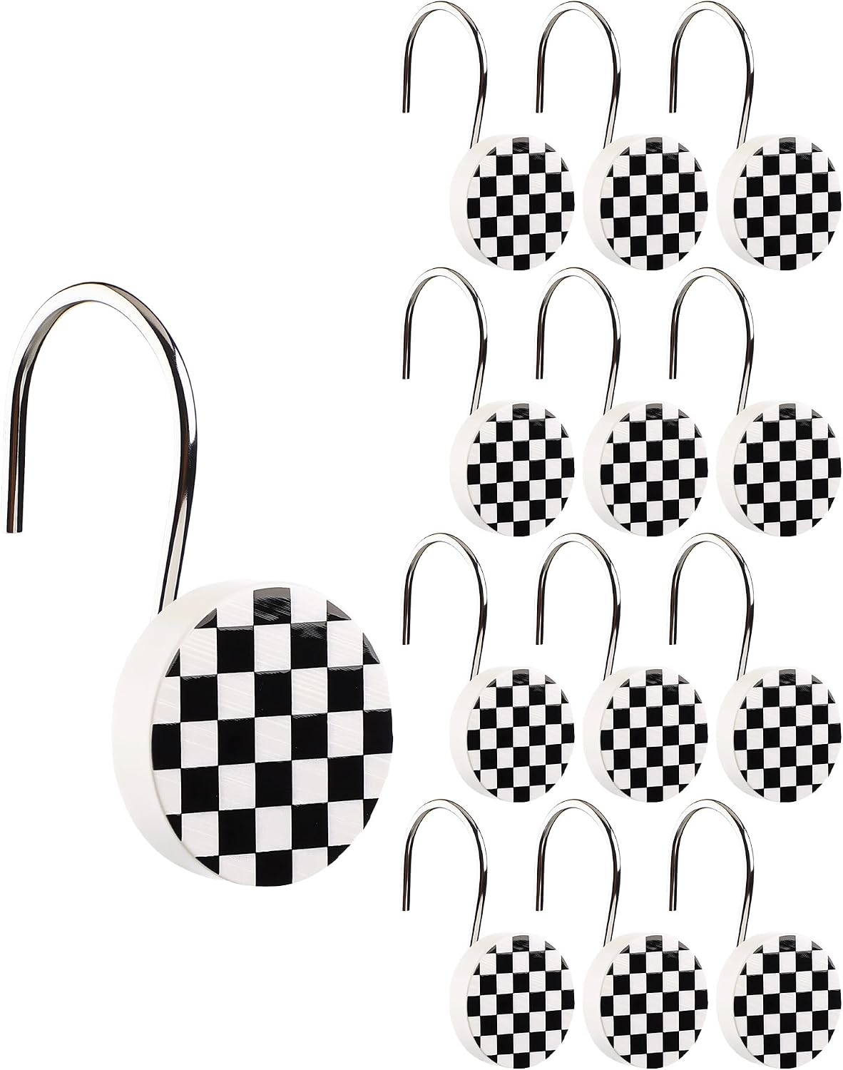 Yalikop Rustic Checkered Shower Curtain Hooks Set of 12 Retro Black and White Round Shower Curtain Rings Modern Decorative Hanger Rings with Metal Hooks for Bathroom Rod and Liner